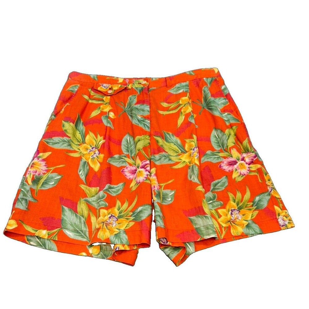 VTG Lauren Ralph Lauren Orange Tropical Floral 100% Linen Shorts Sz 14W Resort